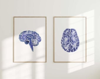 Gehirn Querschnitt Kunst 2er-Set blau Sofort-Download Kunstdruck, Biologie digitale druckbare Kunst, Anatomie digitale Poster, Wissenschaft Bürokunst