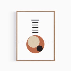 May include: Abstract art print in a wooden frame. The artwork features a geometric design with a terracotta-colored circle, a beige half-circle, and a black circle. Above the circle is a series of black lines and a gray rectangle, all set against a white background.