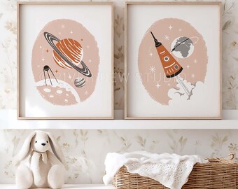 Astronomie Kunst 2er-Set rot Sofortiger Download, Kunstdruck, digital druckbare Kunst, Saturn, Weltraumforschung-Wand-Dekor