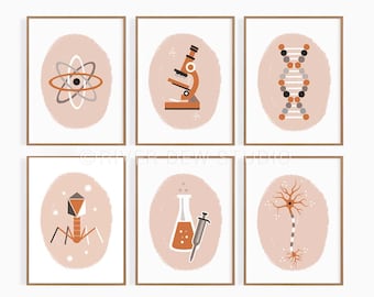 Set von 6 Science Art Sofortiger Download Kunstdruck in Rot, digital druckbare Kunst, Biologie Kunst