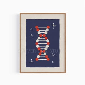 May include: A framed print featuring a stylized illustration of a DNA double helix. The artwork uses a palette of navy blue, red, and white, with a distressed, vintage aesthetic. The print includes the text "RIVER DEW STUDIO".