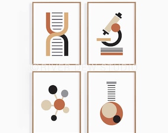Conjunto de 4 impresiones artísticas de ciencia de estilo retro. Descarga instantánea de arte científico de mediados de siglo, impresión digital, arte de microbiología.