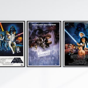 Póster de Star Wars, póster de la trilogía de Star Wars, impresiones originales inspiradas en películas, decoración de Star Wars, juego de 3, pósteres de galería, Jedi, Darth Vader