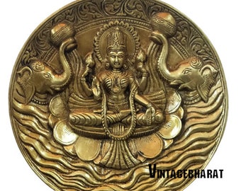 goddess lakshmi carved wall hanging idol/brass gajalakshmi idol/brass lakshmi with elephant pair trunk dhan varsha 8 inch