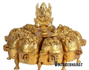 Brass Ganesha Chopda Box Ganpati Idol Multiple Nine Box Compartment for Kumkum Sindoor Vermillion Worshiping Ritual Marriage Gift Gold
