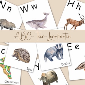 ABC Lernkarten Tiere | Montessori Buchstaben Karten | ABC-Wandbild | Alphabet Karten Kindergarten, Vorschule, Grundschule | Sofortdownload