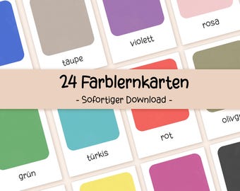 Könnte beinhalten: 24 Farblehrkarten mit den Wörtern "taupe", "violett", "rosa", "olivgrün", "türkis", "rot", "grün" und "24 Farblehrkarten - Sofortiger Download -" in Deutsch.
