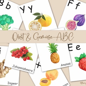 ABC Lernkarten Obst + Gemüse / Montessori Buchstaben Karten / ABC-Wandbild / Alphabet Karten Kindergarten, Grundschule / Sofortdownload