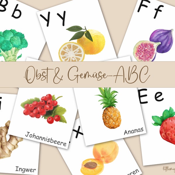 ABC Lernkarten Obst + Gemüse | Montessori Buchstaben Karten | ABC-Wandbild | Alphabet Karten Kindergarten, Grundschule | Sofortdownload