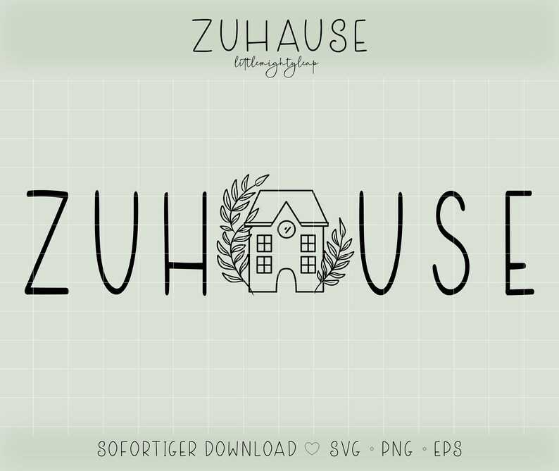 以下が含まれることがあります： 家の白黒の線画イラスト。家の両側に手書きのフォントで「ZUHAUSE」という単語が書かれている。「ZUHAUSE」という単語の下に「little.night.leap」というテキストが書かれている。