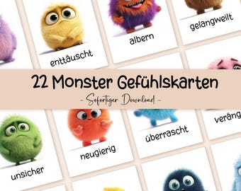 May include: A set of 22 printable monster feeling cards. Each card features a colorful monster with a different facial expression and a German word describing the emotion. The words include "albern", "enttäuscht", "gelangweilt", "verängst", "unsicher", "überrascht", "neugierig".