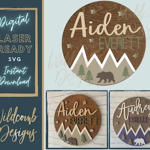 Laser Ready SVG mountain Name Sign  round sign mountain bear baby boy name cut file glowforge  template digital