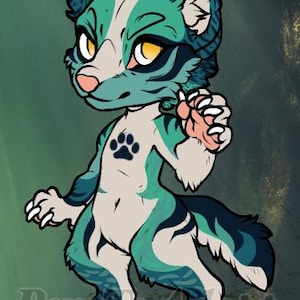 May include: A cartoon illustration of a teal and white anthropomorphic fox-like creature with yellow eyes and a paw print on its chest. The creature is standing and has a paw raised. The background is a gradient of green and gold.