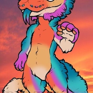 May include: A cartoon illustration of a lizard-like creature in vibrant colours. The creature is depicted with a rainbow colour scheme, with shades of blue, orange, and purple. It is standing with one paw raised against a sunset backdrop.