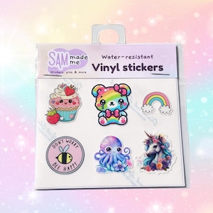 Mini vinyl sticker pack 4, cute animals rainbow cartoon colourful bright fun water resistant stickers phone case drink bottle laptop journal