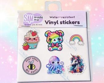 Lot de 4 mini-autocollants en vinyle, animaux mignons arc-en-ciel dessin animé coloré lumineux amusant autocollants résistants à l'eau étui pour téléphone bouteille de boisson journal pour ordinateur portable