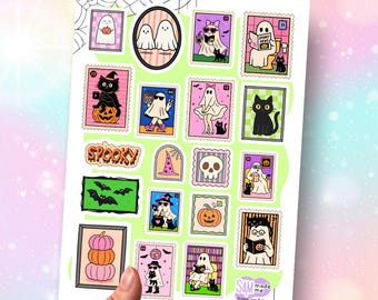 Feuille d'autocollants fantômes effrayants et mignons, autocollants de dessin animé mats colorés pour le scrapbooking, les journaux et les agendas. Cadeaux d'Halloween, fantômes mignons et effrayants