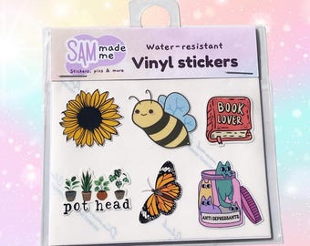 Pack d'autocollants en vinyle dessin animé : autocollants colorés rigolos, amoureux des livres, jardin (résistant à l'eau)