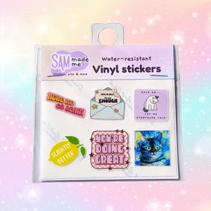 Mini vinyl sticker pack 7, mental health sarcastic cartoon funny colourful water resistant stickers phone case drink bottle laptop journal