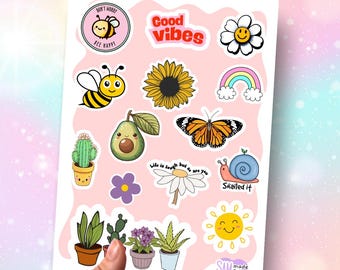 Adorable feuille d'autocollants de jardin d'été coloré, bonnes vibrations, dessin animé mat Autocollants pour carnets de scrapbooking et agendas Cadeaux pour son journal indésirable