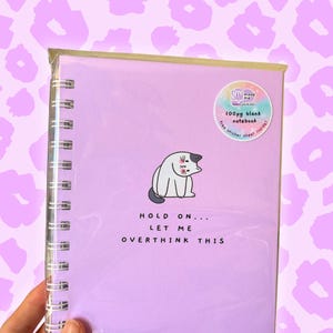May include: Purple notebook with a white cat illustration and the text "HOLD ON... LET ME OVERTHINK THIS". The notebook has a sticker on the front that says "100pg blank notebook" and "free sticker sheet inside!"
