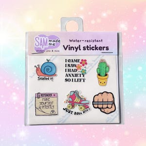 Mini vinyl sticker pack 1, mental health cartoon funny colourful bright fun water resistant stickers phone case drink bottle laptop journal