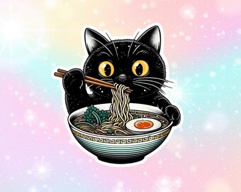 Chat mangeant des ramen autocollant en vinyle brillant résistant à l'eau bouteille de boisson étui pour téléphone portable sticker pour amoureux des chats cadeau pour elle nouilles nourriture pour amoureux des animaux