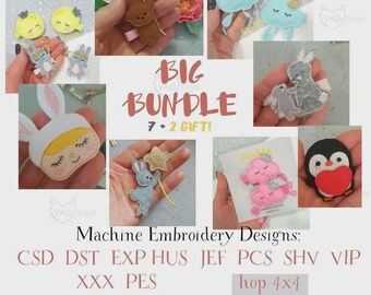 May include: A collage of machine embroidery designs, including a bunny, bear, cloud, and penguin. The designs are in various colors and styles, with the text "BIG BUNDLE 7 + 2 GIFT!" and "hop 4x4" visible. The image also includes the text "Machine Embroidery Designs: CSD DST EXP HUS JEF PCS SHV VIP XXX PES Sewing instructions with a detailed description."