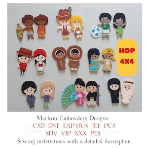 Peut inclure: Une collection de motifs de broderie machine représentant diverses figures culturelles. Les motifs incluent des personnages en vêtements traditionnels, un joueur de football et une figurine avec une planche de surf. Le texte "HOP 4x4" est visible. L'image contient également du texte sur les motifs et les instructions de couture.