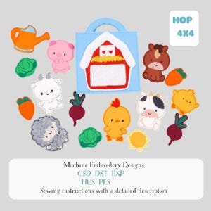 May include: A collection of machine embroidery designs featuring farm animals and vegetables. Includes a blue barn-shaped bag, a pig, a goat, a sheep, a horse, a cow, a chick, a carrot, a beet, a cabbage, and a sun. The text "HOP 4X4" is in the upper right corner.