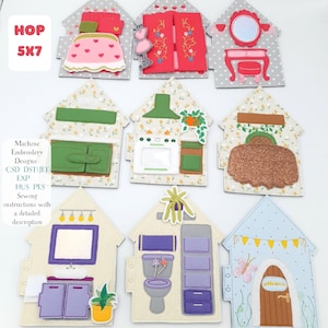 ITH Dollhouse Quiet Book Pages Machine Embroidery Design Felt Activity Pattern 5x7 Hoop Digital File Miniature Bedroom Bathroom Vanity Set