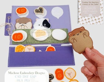 May include: A felt play set with a purple background, featuring embroidered food items and hamster figures. The set includes a booklet with instructions. The text on the set reads "Machine Embroidery Designs" and "Feeding the Hamsters: Friends at the Table".