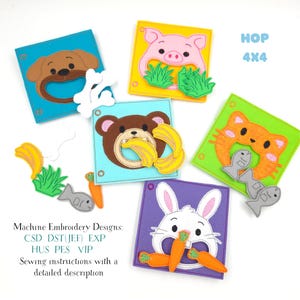 May include: Five square felt machine embroidery designs featuring a brown dog with white bones, a pink pig with green grass, a brown bear with yellow bananas, an orange cat with gray fish, and a white rabbit with orange carrots. Text reads HOP 4X4.