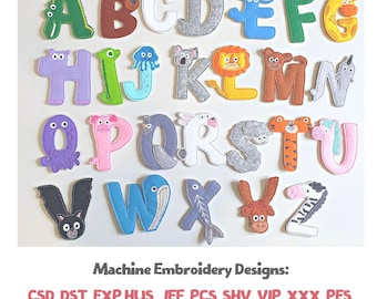 Animal Alphabet Machine Embroidery Design 4x4 Hoop Digital File Felt ABC Letters Montessori Educational Learning ToyPattern Nursery DecorSet