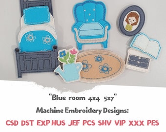 Dollhouse Furniture Embroidery Design Miniature Blue Room Set Felt Bed Armchair Rug ITH Pattern Quiet Book Accessories 4x4 Hoop File