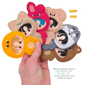 May include: A collection of six felt machine embroidery patches featuring cartoon characters in animal costumes, including a yellow chick, pink rabbit, and various bears. The text reads HOP 4X4 and Machine Embroidery Designs: CSD DST(JEF) EXP HUS PES VIP.