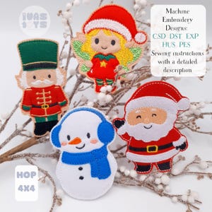 Könnte beinhalten: Eine Sammlung von Weihnachtsornamenten aus Filz, darunter ein Nussknacker, ein Engel, ein Schneemann und der Weihnachtsmann. Die Ornamente sind in Rot, Grün, Weiß und Blau gehalten. Das Bild enthält auch Text mit der Aufschrift "Machine Embroidery Designs" und "Sewing instructions with a detailed description."