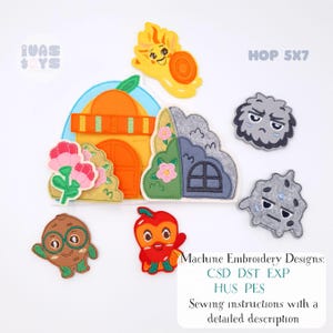 May include: A collection of colorful felt embroidery designs featuring a house, sun, and various cartoon characters. The designs include the text "HOP 5X7" and "Machine Embroidery Designs: CSD DST EXP HUS PES Sewing instructions with a detailed description."