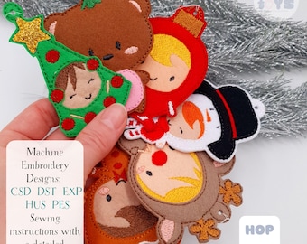 May include: A collection of handmade Christmas ornaments in various shapes, including a bear, a Christmas tree, and a snowman. The ornaments are made of felt and feature embroidered details. The image includes text that says "Machine Embroidery Designs" and "HOP 4X4".