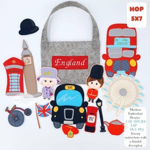 England fingerdockteater broderidesign set London Guard tekanna buss ITH mönster filt världskultur leksak 5x7 ringmapp