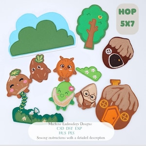 May include: A collection of colorful felt applique pieces for embroidery, including a tree, cloud, houses, and several smiling cartoon characters. The text "HOP 5x7" is in the upper right corner. The image also includes text about embroidery designs and sewing instructions.