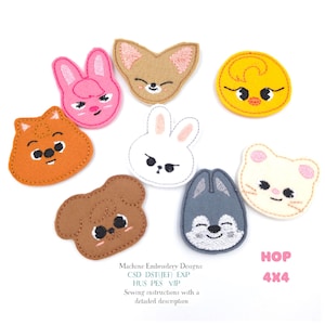 Lindos animales Kpop Feltie ITH Set de diseño de bordado a máquina ITH Idol Mascota Conejo Lobo Quokka Pollito Zorro Cachorro Parches de cara de oso Aro 4x4