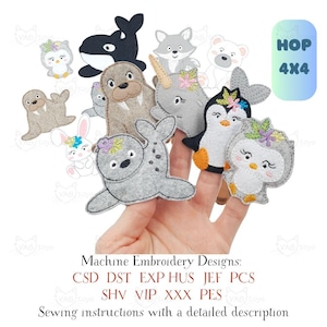 Arctic Animal Finger Puppet Theater, ITH Machine Embroidery Design (Digital Download)