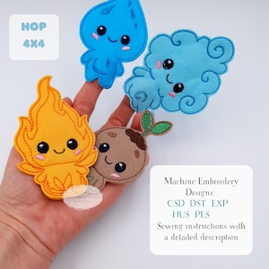 Puede incluir: Una mano sostiene cuatro diseños bordados de fieltro: una gota de agua azul, una nube azul, una llama naranja y un elemento tierra marrón. Cada uno tiene una cara sonriente. El texto "HOP 4x4" está en la parte superior izquierda. El texto "Machine Embroidery Designs" está en la parte inferior derecha.