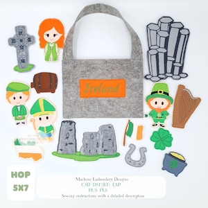 Irland fingerdockteaterset broderidesign ITH Leprechaun St Patricks Day irländska symboler tysta bokmönster 5x7 ringmapp