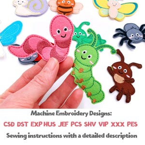 May include: A collection of colorful, embroidered insect designs, including a pink worm, green caterpillar, and brown ant. The image also includes text that reads "Machine Embroidery Designs" and a list of file types.