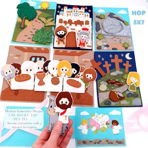 Könnte beinhalten: Ein Set aus farbenfrohen Filz-Geschichtsstücken, die Szenen aus einer religiösen Erzählung darstellen. Die Szenen umfassen Figuren, Gebäude und Landschaften, mit dem Text "HOP 5X7" sichtbar. Das Set enthält eine Nähbeschreibung mit detaillierter Beschreibung.