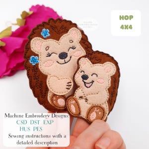 May include: Two felt hedgehog embroidery designs. The larger hedgehog has blue flower accents and the smaller one has a smiling face. The text "HOP 4X4" is in a green box. The text "Machine Embroidery Designs" and file types are also visible.