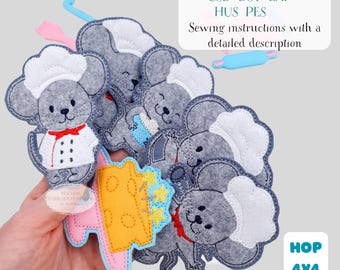 May include: A selection of grey felt mouse embroidery designs, each wearing a chef's hat and outfit. Some hold felt cheese and cooking utensils. The image includes text: Machine Embroidery Designs, CSD DST EXP HUS PES, Sewing instructions with a detailed description, and HOP 4X4.