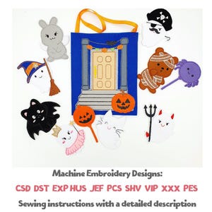 Può includere: Una borsa blu a tema Halloween con manico arancione, circondata da vari disegni ricamati. Questi includono un fantasma, un gatto nero, una zucca, un fantasma pirata, un orso mummia e un ragno. Il testo "Machine Embroidery Designs" è visibile.